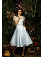 two piece minimalist elegant homecoming dress cocktail party high neck short sleeve tea length stretch satin with pleats