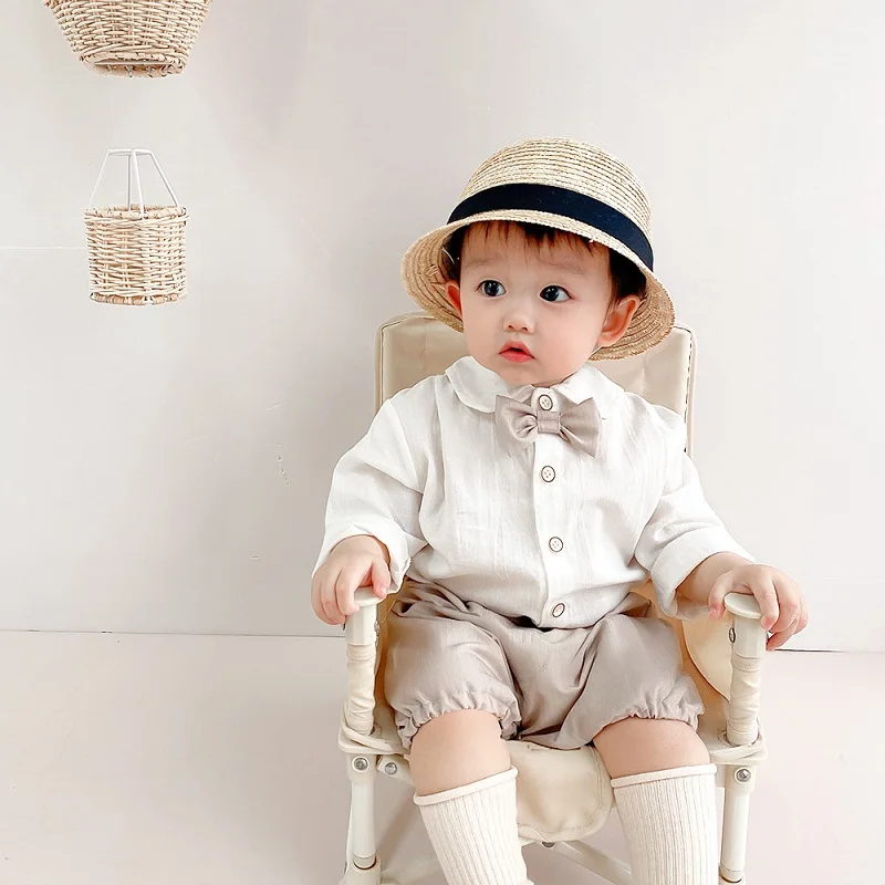 

0-3Years Little Gentleman Outfits Infant Kids Boy Long Sleeve White Shirt With Bowtie Shorts Pant Bottom 3PCS Fall Clothing Set