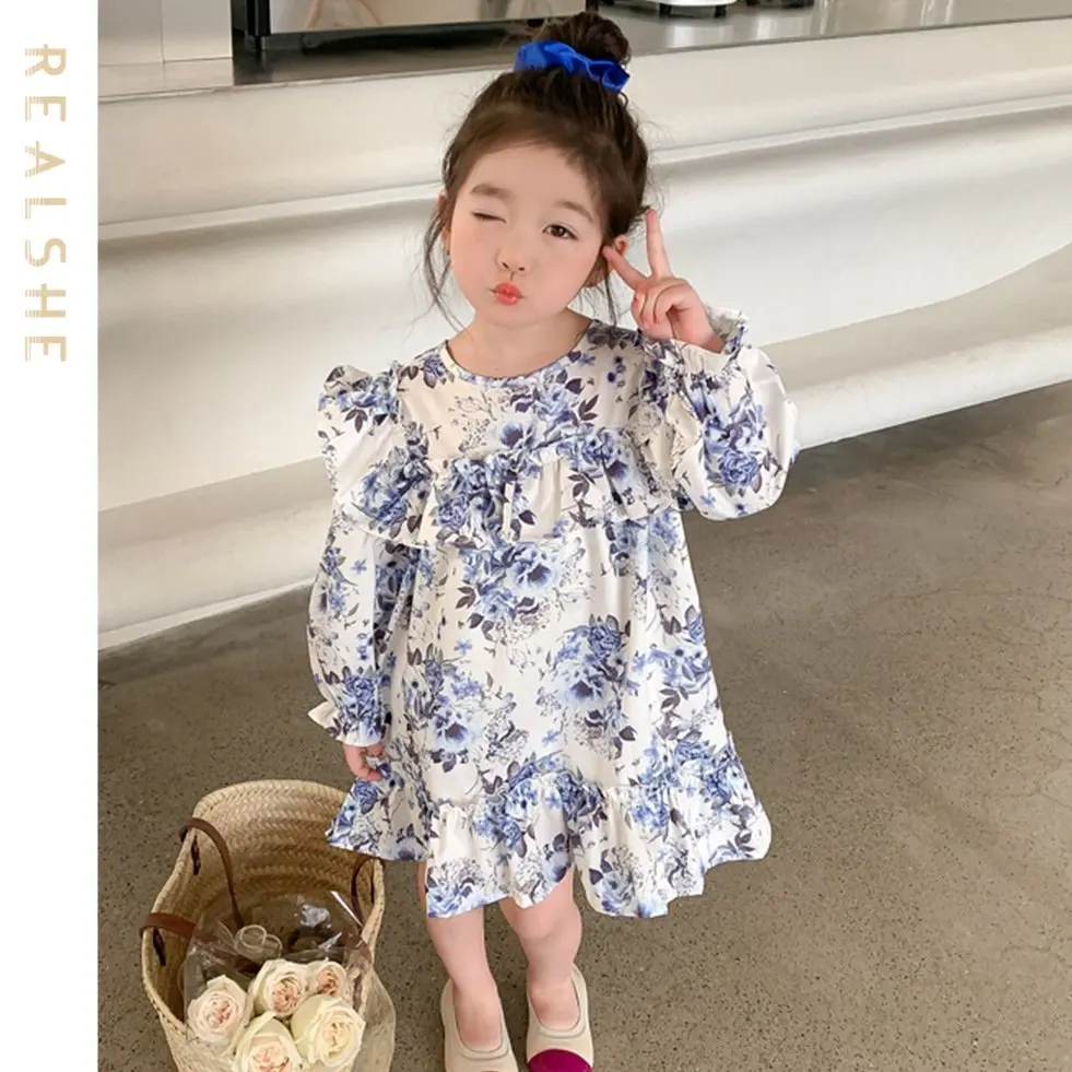 

Girls Floral Ruffls Dress 2023 Spring Summer New Long Sleeve Kids Baby Princess Dresses Children'es Clothes Girls