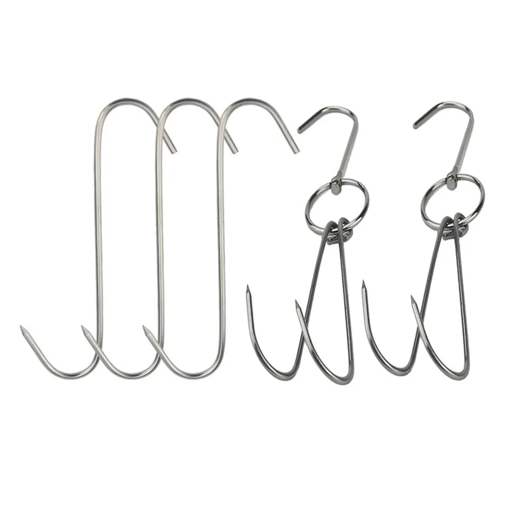 

2PCS BBQ Hook Stainless Steel Double Hooks With 3PCS S-Hooks For Kitchen Barbecue Hanging Bacon Ham Meat Safety Processing