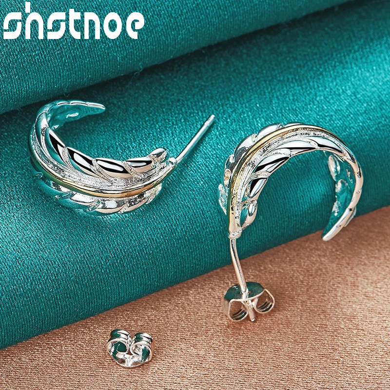 Серьги-гвоздики из стерлингового серебра 925 пробы 7*16 мм с золотыми перьями модные