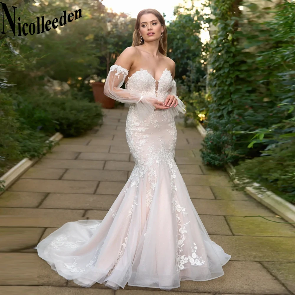 

Nicolle Attractive Deep V-Neck Wedding Dresses 2023 Bride Long Sleeves Appliques Mermaid Court Train Backless Customised