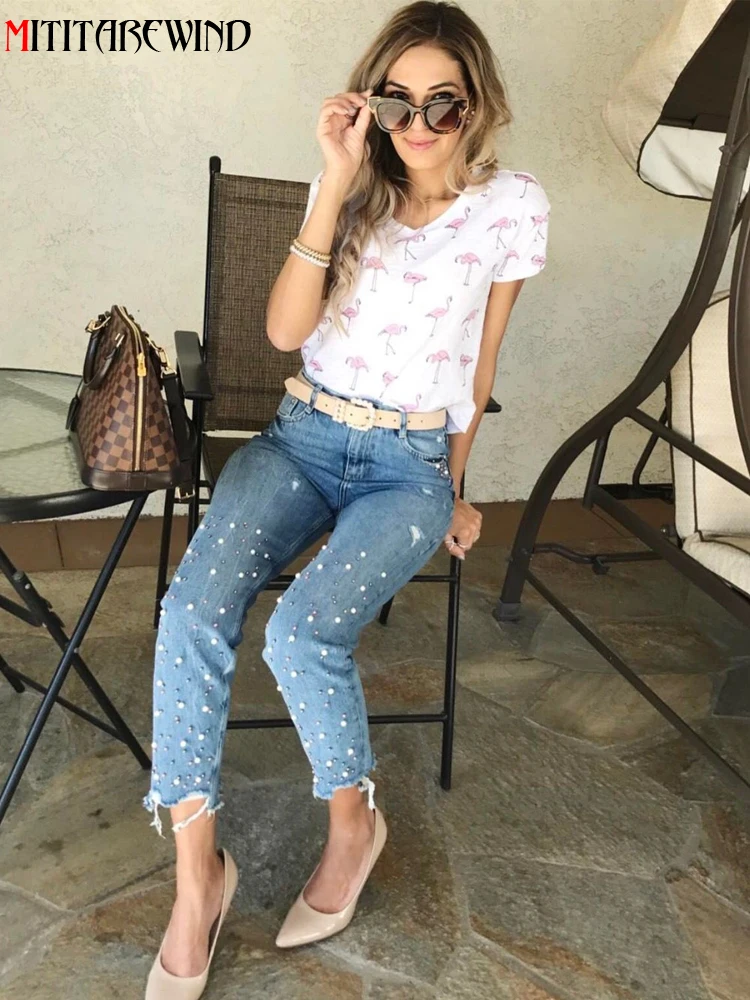 

Женские джинсовые брюки с высокой талией, модные рваные джинсовые брюки с жемчужинами и неровным подолом с бахромой, 3 цвета