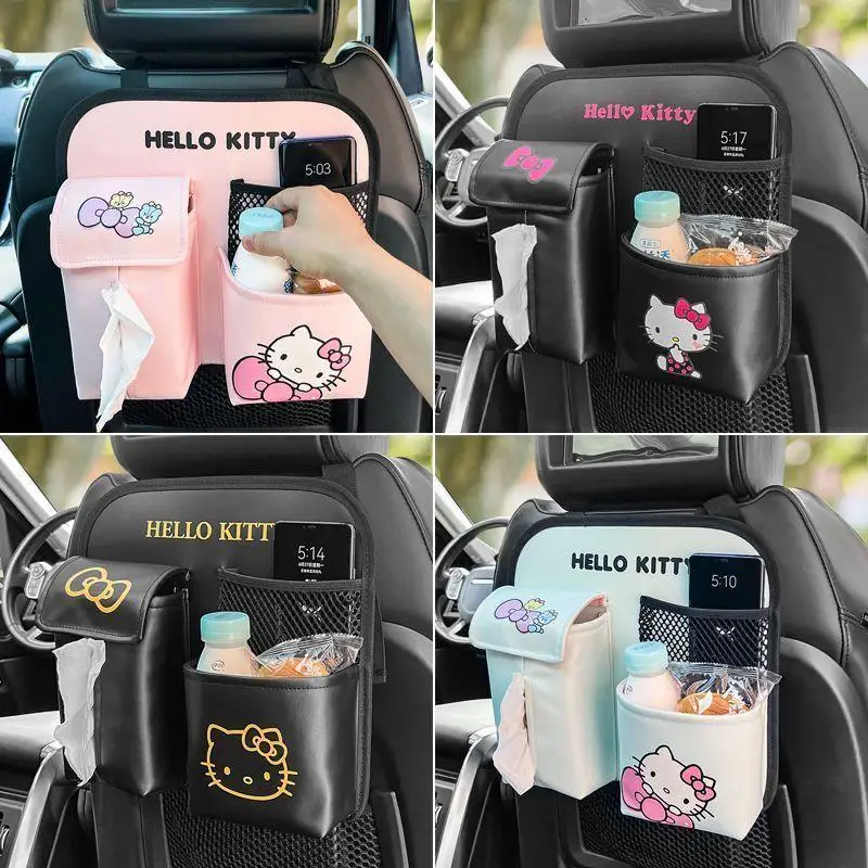 

Kawaii Hello Kitty Car Storage Bag Tissue Holder Sanrios Kt Cat Auto Interior Seat Back Organizer Stowing Tidying Hanging Bag