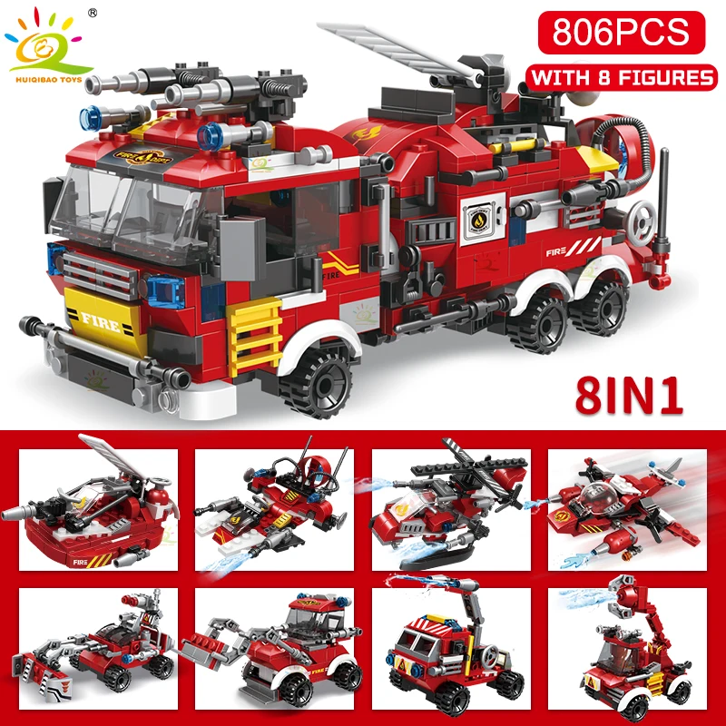 HUIQIBAO City Fire Fighting 8in1 Trucks Car Вертолет Лодка Строительные блоки Фигурки пожарных
