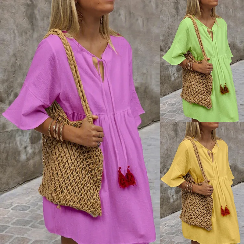 

2022 Women's V Neck Tie Loose Simple Short Sleeve Dress Ladies Casual Mini Dress Party Dress