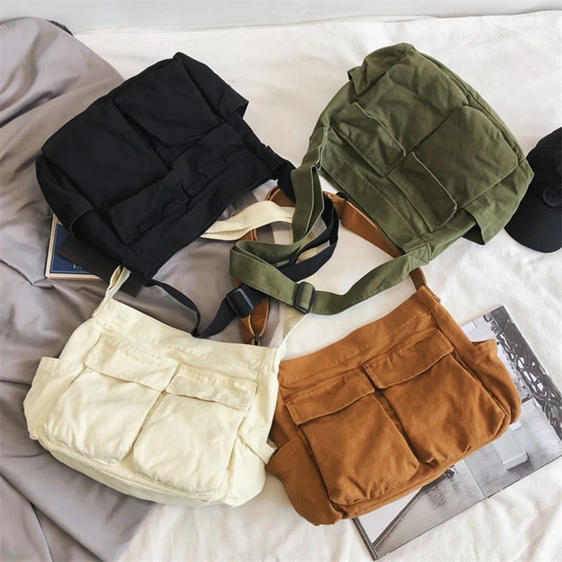 Retro Multi Pockets Canvas Handbag Male Teenager Student Over Large Street Hip Hop Zipper Messenger Bag Female Crossbody Bag