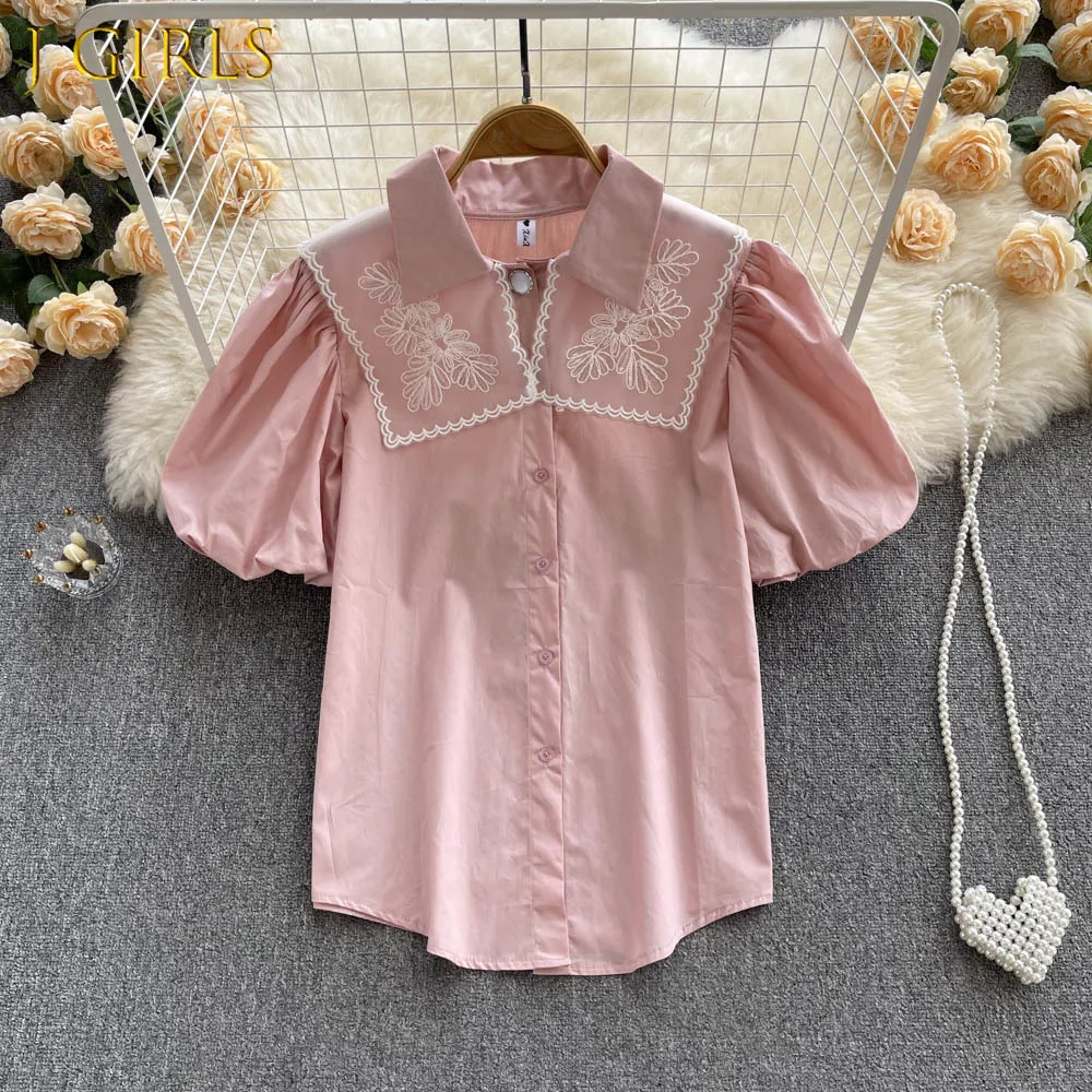 

J GIRLS French Retro Palace Style Shirt Women's 2022 Summer New Fashion Lace Embroidery Tops Mujer Elegant Blouse Camisas