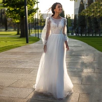 new illussion scoop tulle wedding dresses for women 2022 bride boho applique embroidery bridal gown pearls vestidos de novia