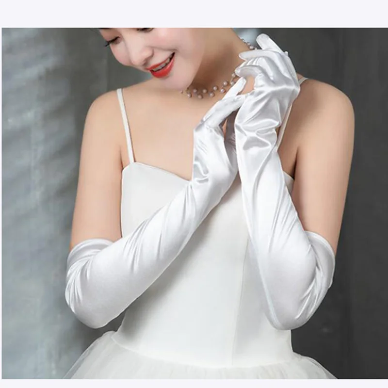 

Длинные вечерние танцевальные перчатки, свадебные атласные перчатки с белыми/черными/красными пальцами для свадебных торжеств