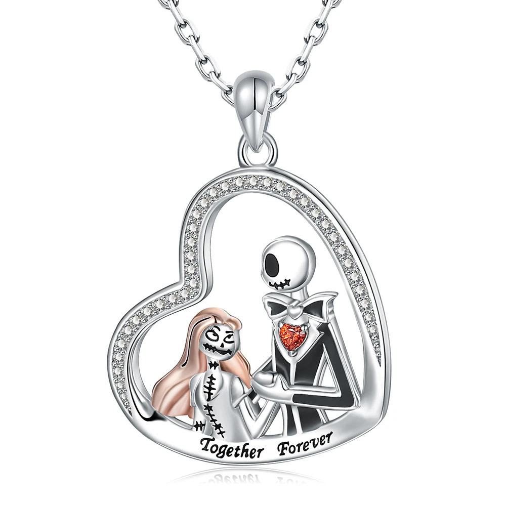 

925 Sterling Silver Nightmare Necklace Skull Heart Pendant Together Forever Jewelry Christmas Day Gift for Women Girl Girlfriend