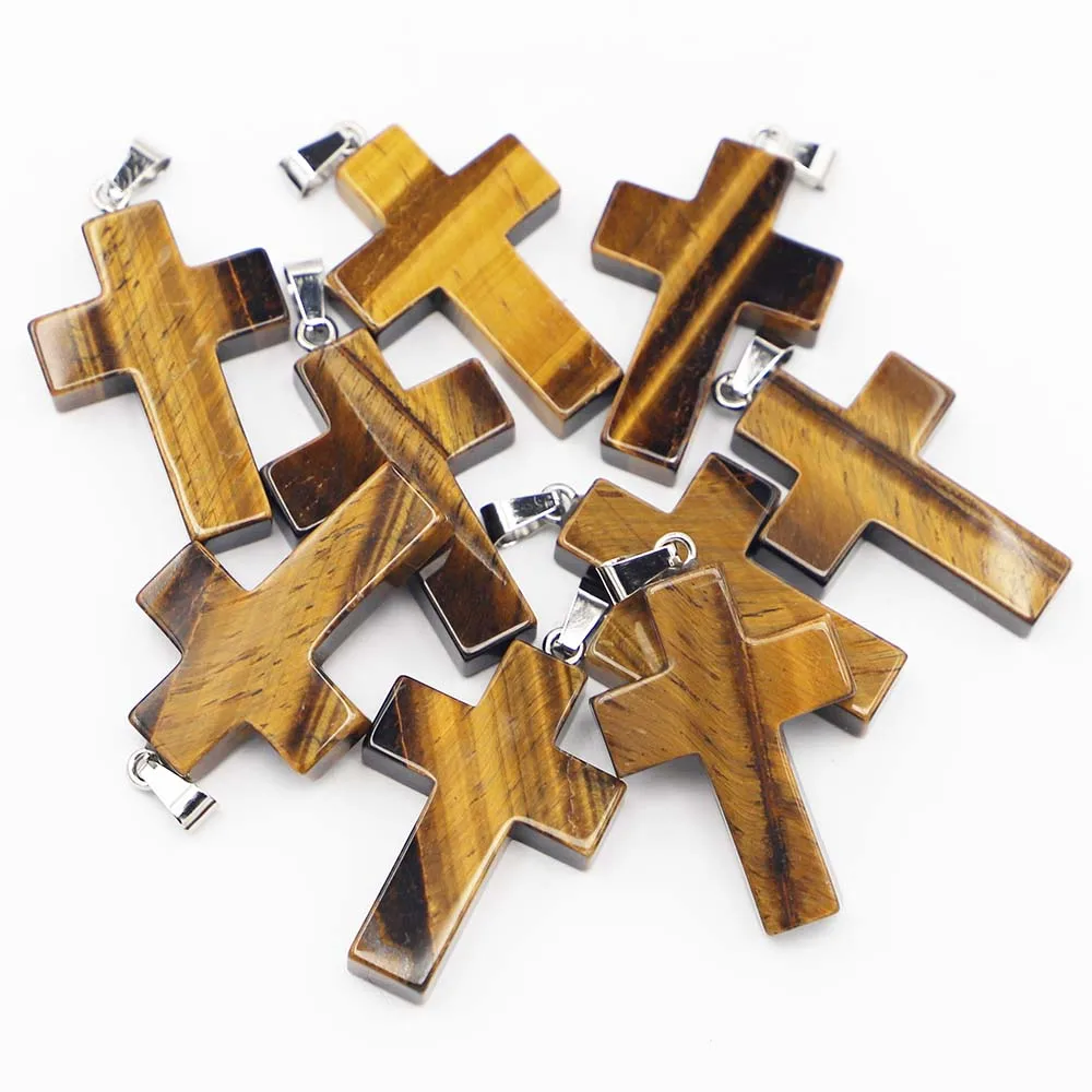 Natural Tiger's Eye Stone Crystal Cross Shape Pendants Necklaces Healing Chakra Fashion Reiki Charms Jewelry Making Earring 8Pcs