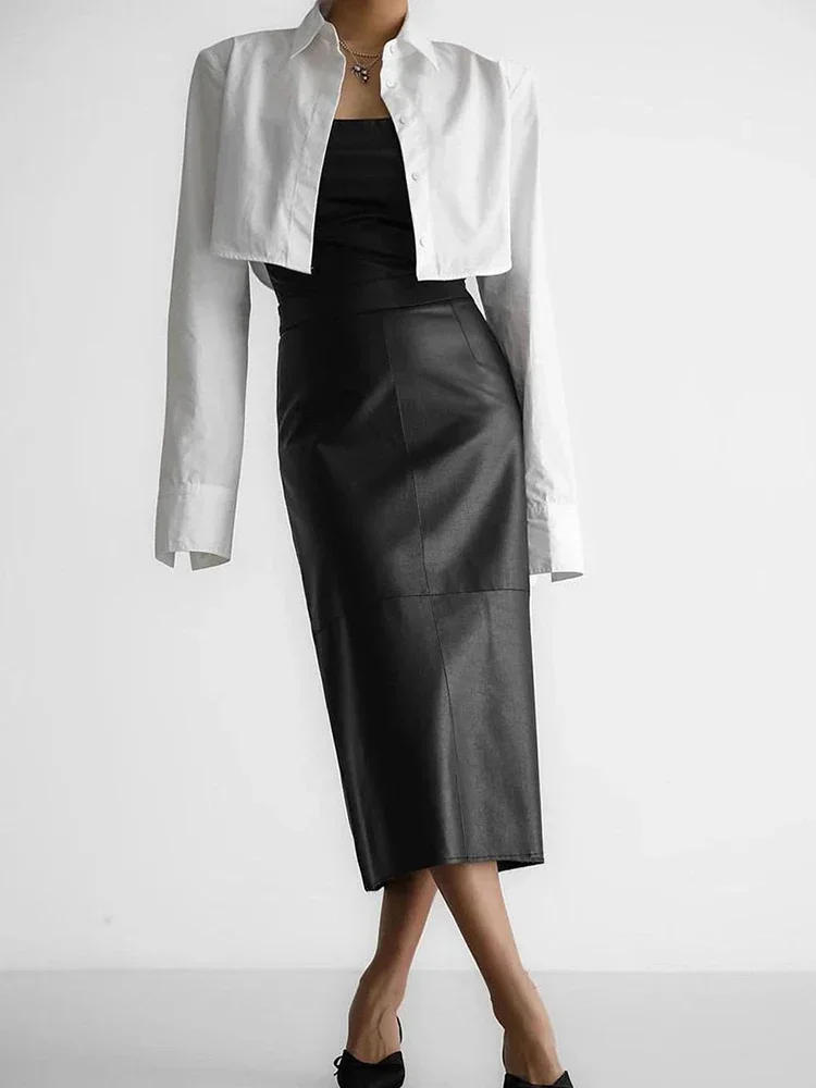 

Французская мода, сексуальная юбка из искусственной кожи с высоким ворсом для женщин, осень 2023, элегантная прямая юбка миди с разрезом, офисная одежда, платья