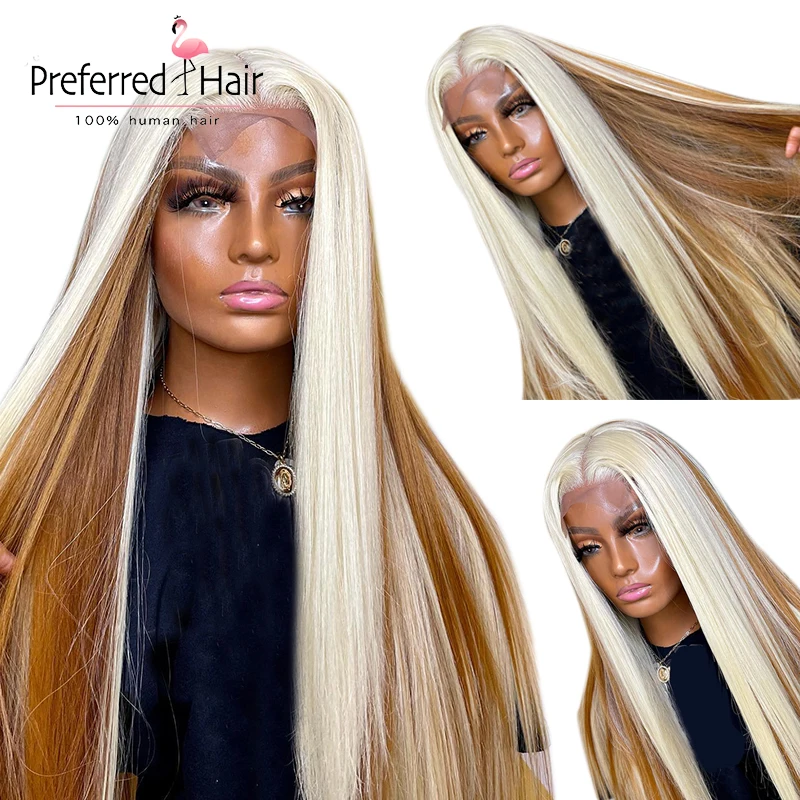 

Straight 613 Blonde Highlight Ombre Color HD Glueless Transparent 13X4 Lace Front Human Hair Wigs for Women Preplucked Brazilian