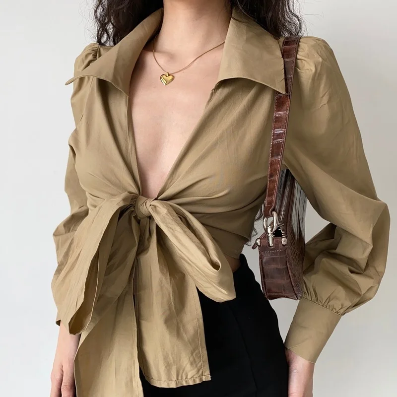 

XEJ Blouses for Women Fashion 2022 Lace-up Puff-sleeve Shirt Elegant Women's Shirts Punk Clothing Summer Shirts for Women