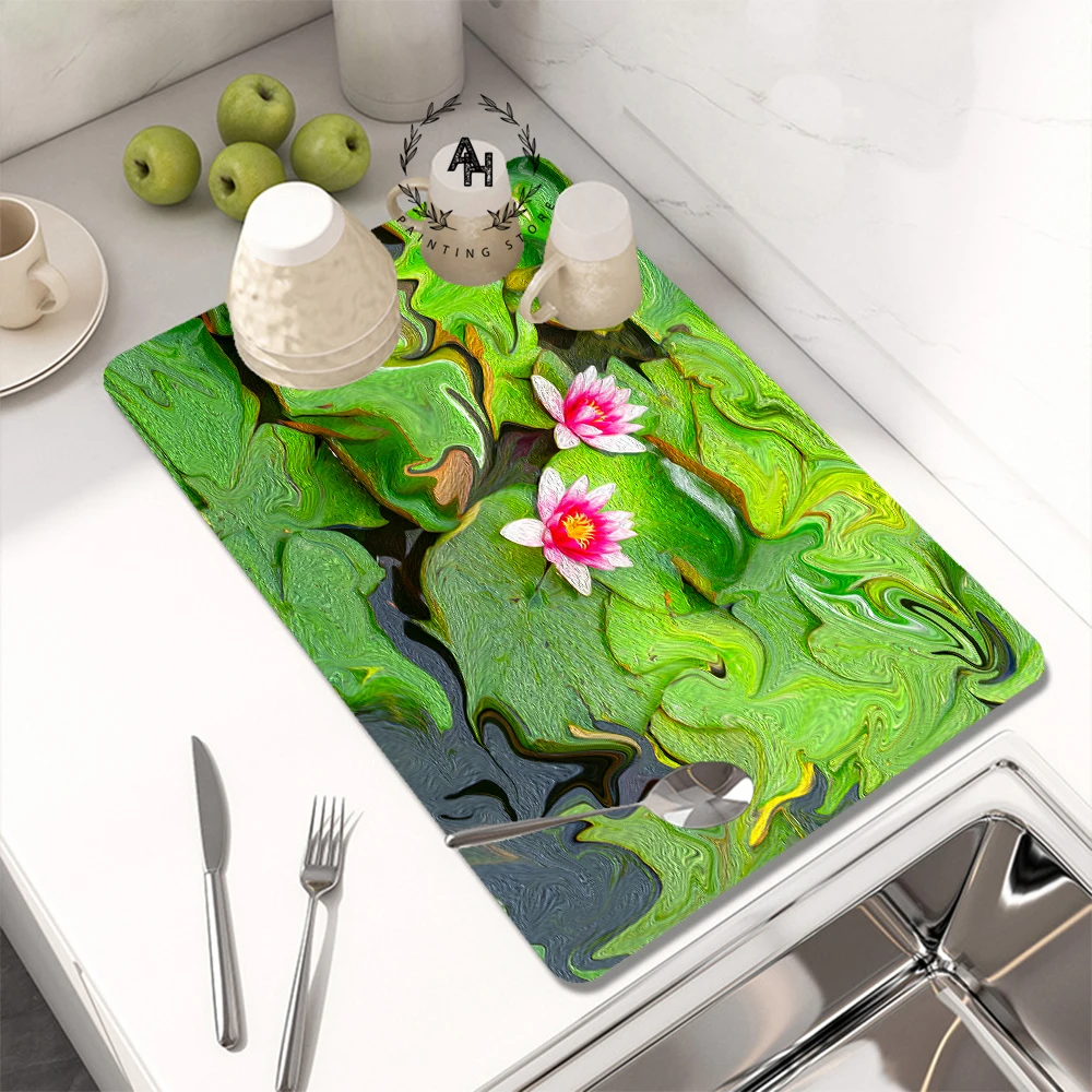 

Kitchen Drying Mat Printed Absorbent Tableware Mats Dish Drain Pad Counter Top Mat Non-slip Draining Placemat Home Decor Rugs