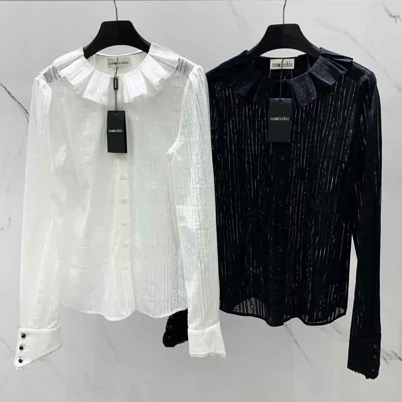 

2022 New Women Cotton Lace Shirt Fashion Runway Single Breasted Ruffled Collar Blouse Sexy Chic Long Sleeve Solid Luxury Clothes