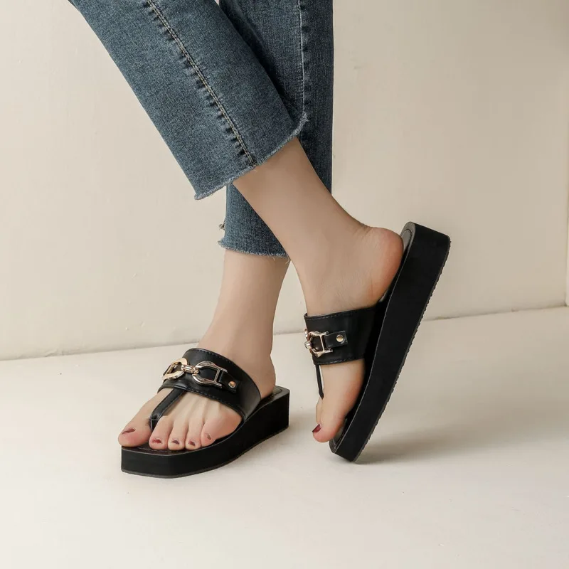 Summer Solid Chain Slippers For Women Fashion PU Leather Wedges Female Flip Flops Design Square Toes Women Platform Slides