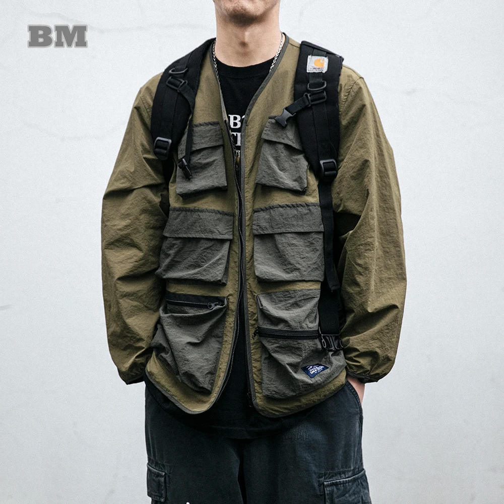 

2022 Fashion High Quality Functional Fishing Suit Tactical Multi Pocket Vest Collarless Work Jacket Harajuku Long Sleeves Men