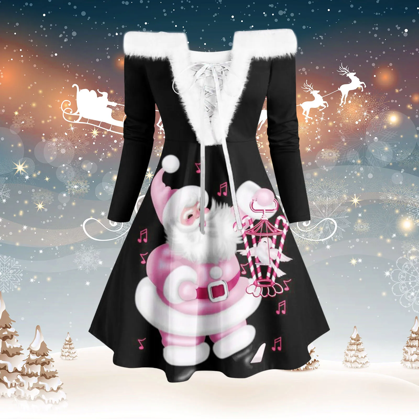 

Женское Повседневное платье на шнуровке, платье с длинным рукавом и открытыми плечами, платье с рождественским принтом для пляжа