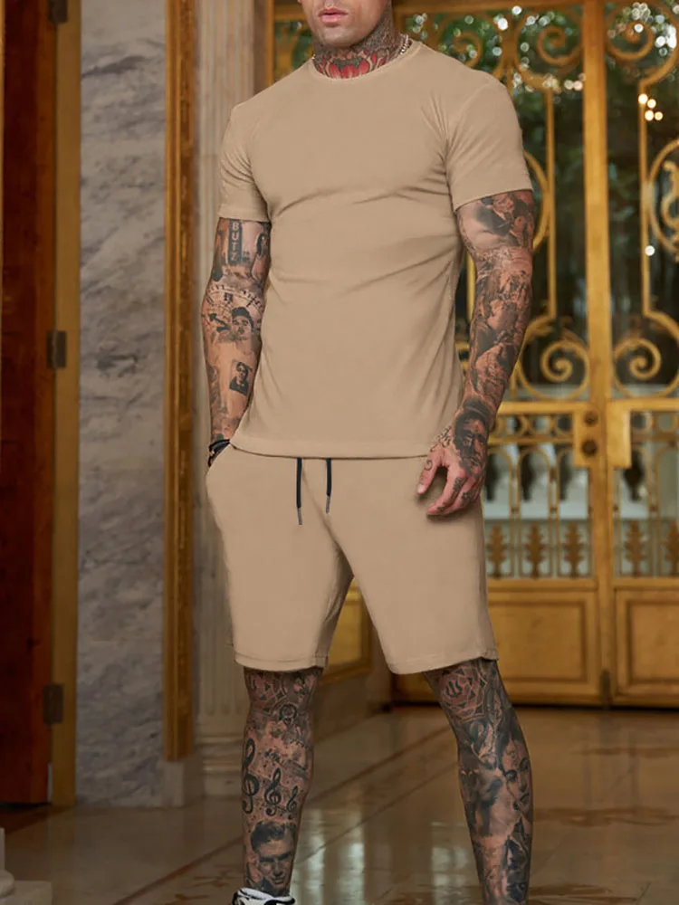 

Casual Basic Solid Two Piece Set 2022 Summer Short Sleeve O-neck Tops And Shorts Sports Suit For Men Fashion Men's Slim Outfits