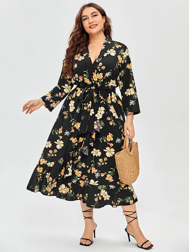 

TOLEEN Clearance Price Women Large Plus Size Midi Dress 2022 Spring Chic Elegant Long Sleeve Boho Floral Evening Party Clothing