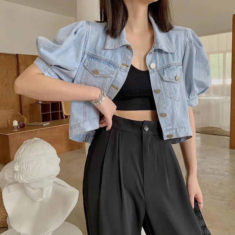 

Vintage Denim Jackets Women Streetwear Puff Sleeve Crop Jean Jacket Summer Office Lady Korean Elegant Basic Short Coat Tops New