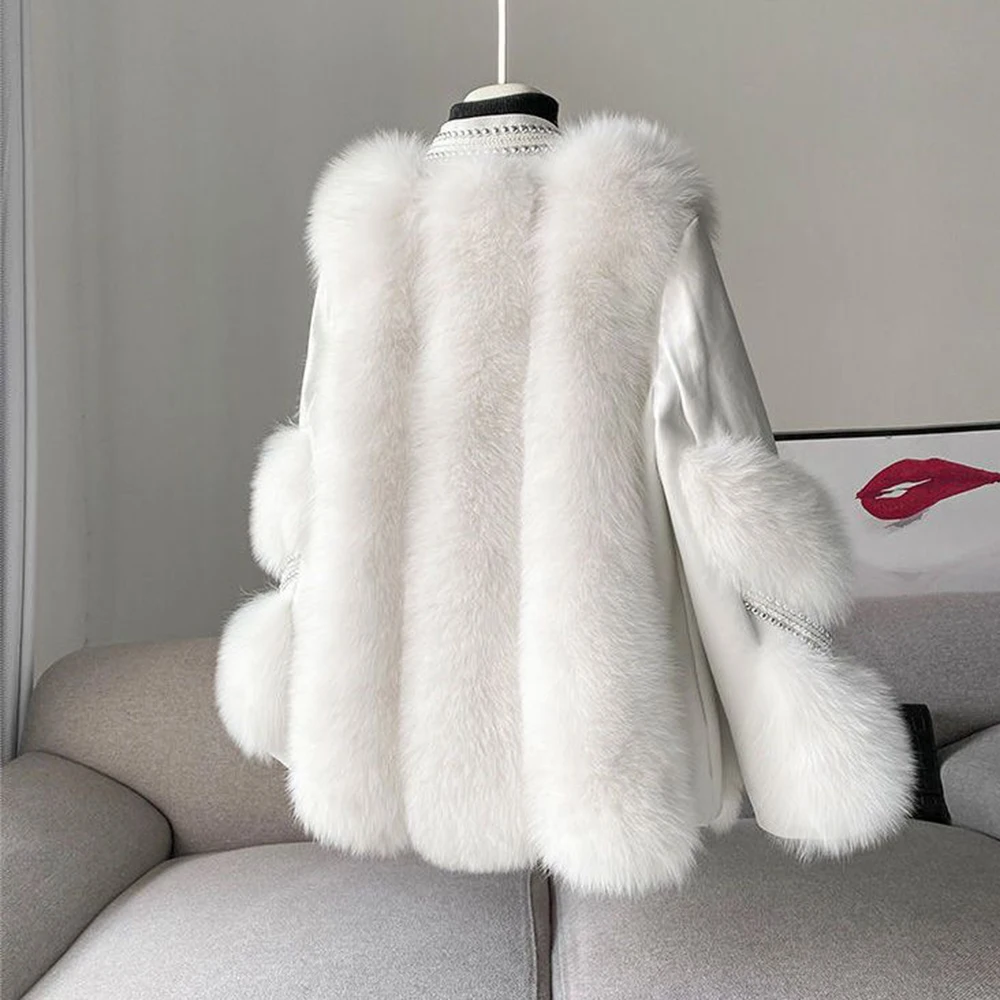 New Cashmere Wool Blends Fur Coat Winter Jacket Women Oversize Loose Fake Fox Fur Collar Outerwear