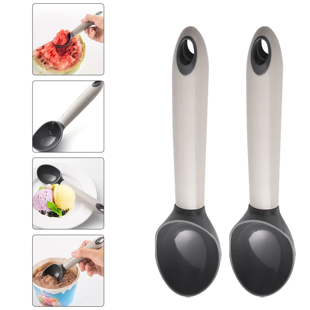 

2pcs Plastic Ice Cream Spoons Comfortable Handle Scoops for Home (Grey)