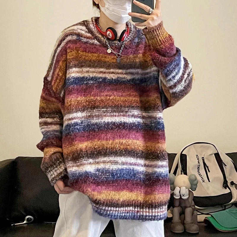

Разноцветная полосатая Толстовка для мужчин, мешковатые модные Harajuku топы с круглым вырезом, оверсайз, трендовый мужской свитер, уличная одежда, пуловер, рубашка