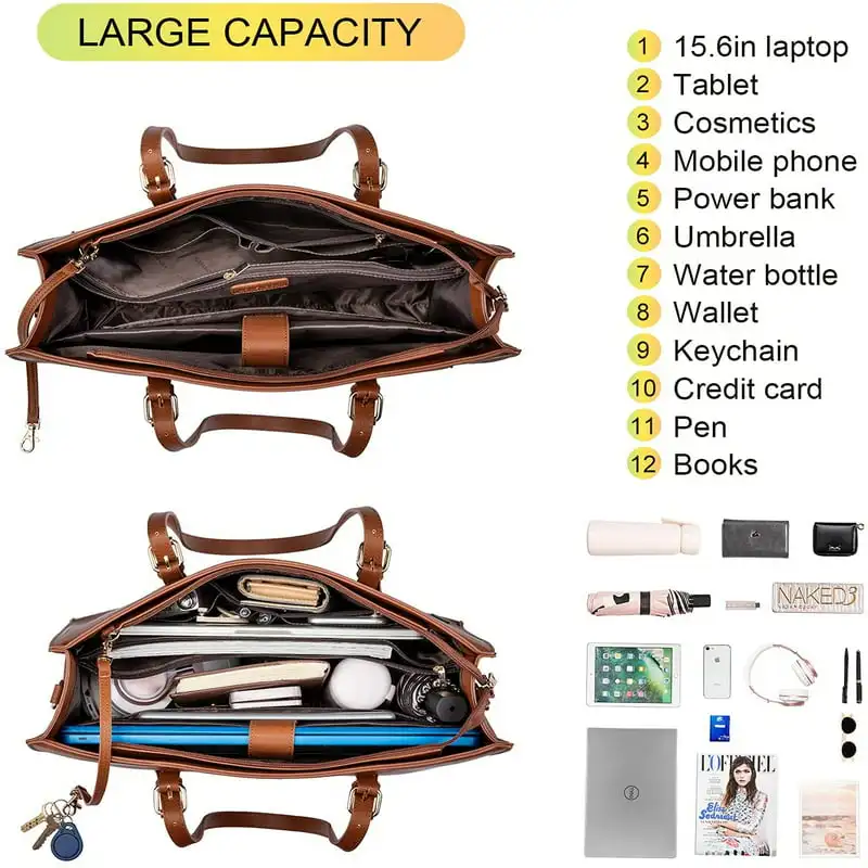 

Fashionable Brown Women Satchels Purses Set, USB Charging Port Large Tote Bags Fit 15.6" Laptop, Waterproof PU Work Bags for Tra