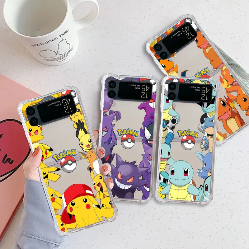 

Pokemon Pikachu Luxury Case For Samsung Galaxy Z Flip 3 4 5G Funda Z Flip3 Clear PC Hard Shockproof Back Phone Coque Shell