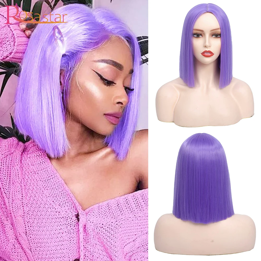 

Rosa Star 14‘’ Purple Bob Wig Blunt Straight Short Wig with Bangs Synthetic Halloween Party Cosplay Wigs Good quality Wigs