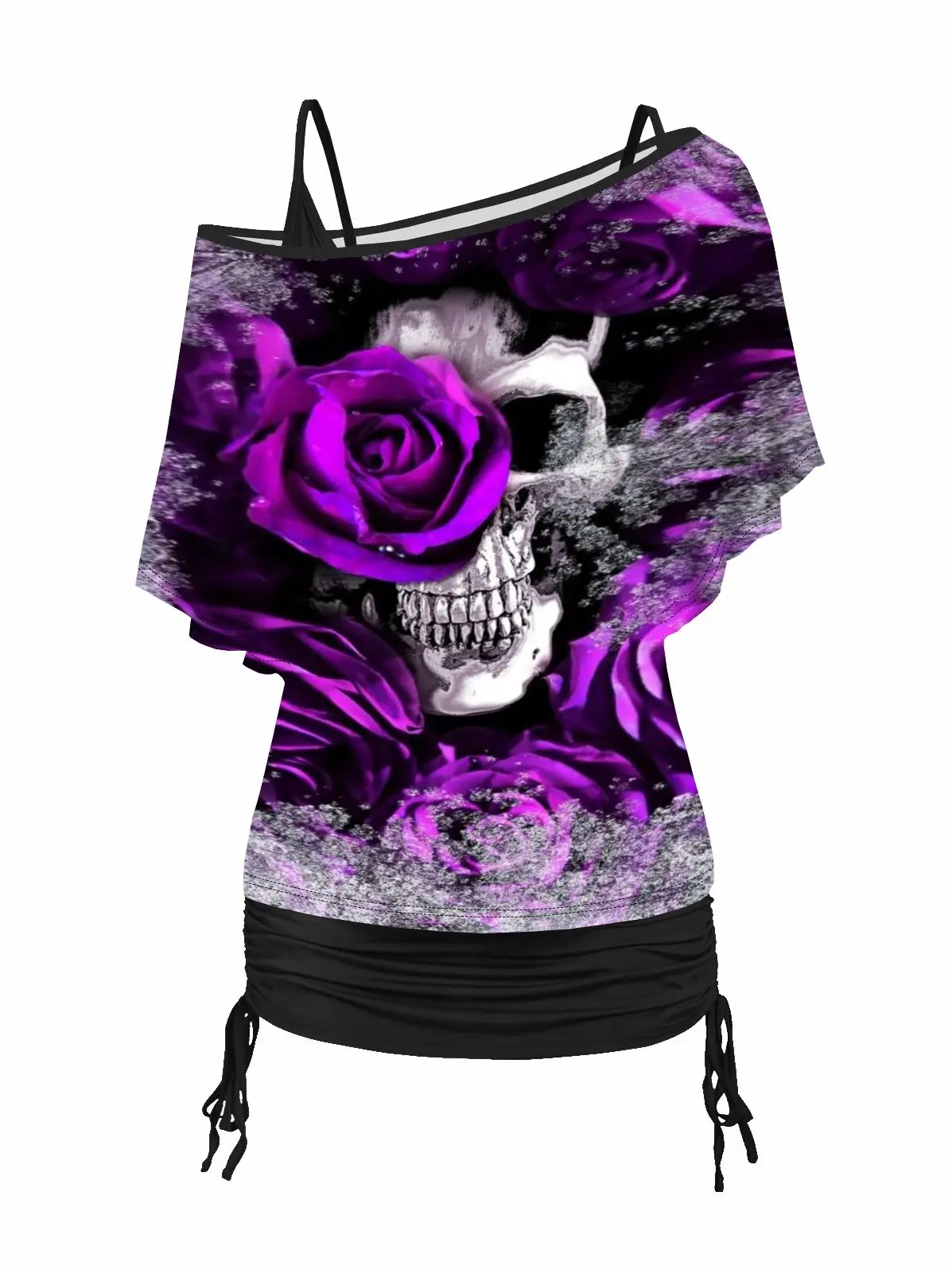 

Футболка женская стрейчевая из двух предметов с коротким рукавом и принтом черепа и розы