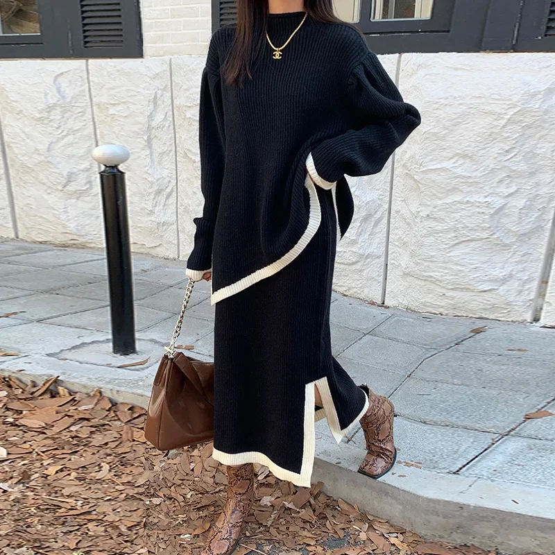 

Loose Slit Knit Sweater Women Set Korean Elegant Women Sweater Set Turtleneck Sweater Pullover and High-waisted Skirt Two-piece