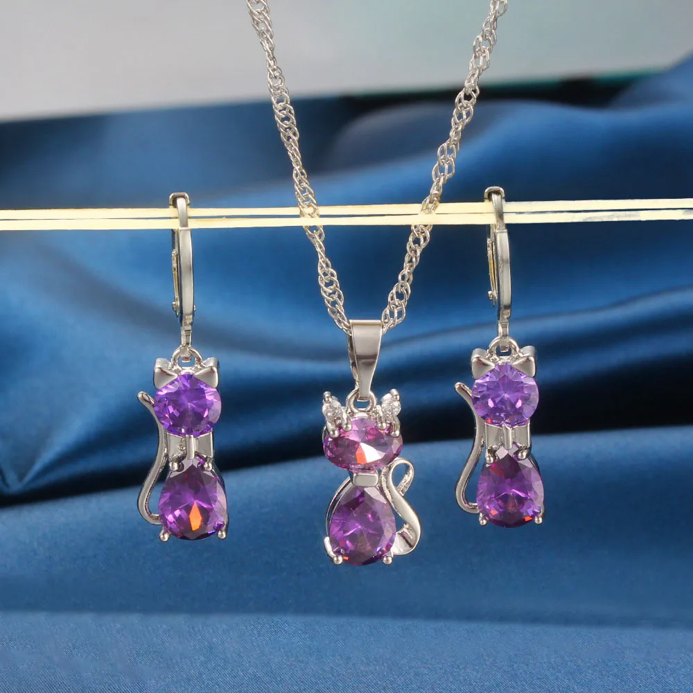 

Cute Kitten Jewelry Set For Women Purple Zircon Silver Color Hot Sale Simple Animal Jewelry 2021 Gifts Wholesale