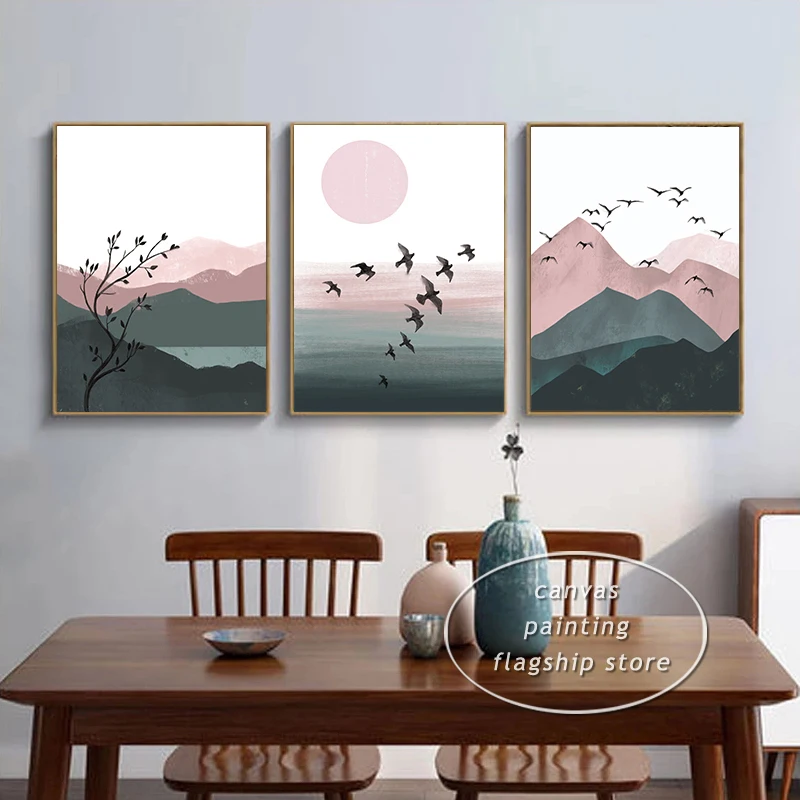 Акварельные бриды Природный Горный пейзаж абстрактный постер Зеленый Розовый