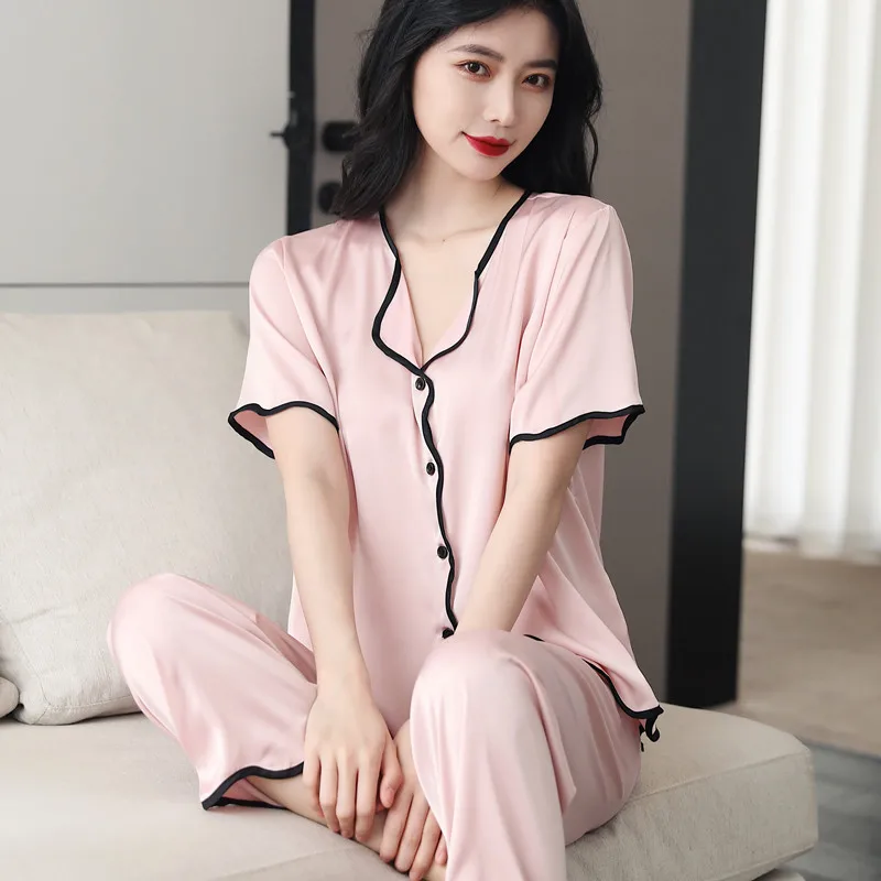 Pajamas Women's Suits Short-Sleeved Trousers Large Size Loose Ruffles Ice Silk Pajamas for Women Set Leisure Home Clothes