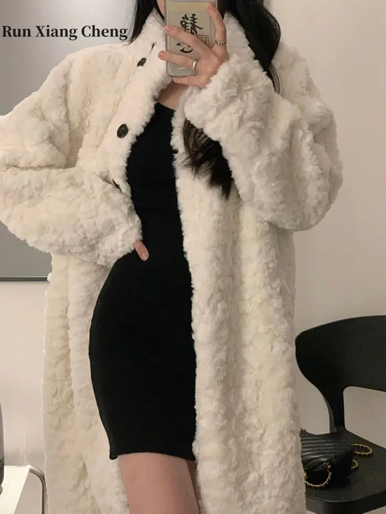 Winter Women's Overcoat 2023 Imitation Rabbit Plush Oversize Korean Fashion Button Designer Medium Length Loose Standing Collar