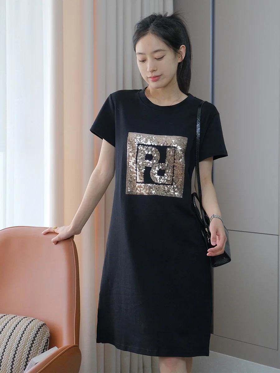 

2023 Girlish Sense Heavy Letter Sequins H-straight Dress Women Slim Mid-length Casual Lazy Wind Skirt Round Collar Long T-shirt