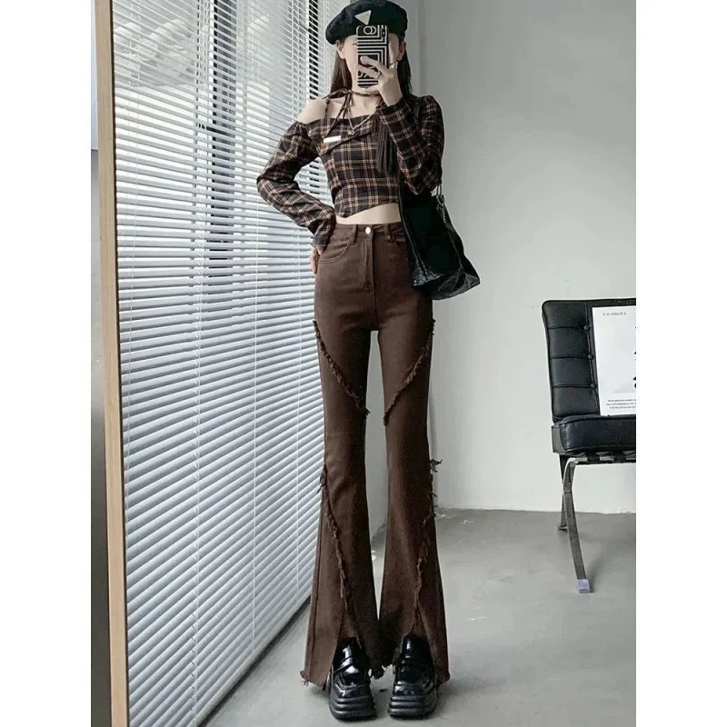 

COZOK/High Waisted Women's Flared Jeans Look Thinner Buttocks Slit Elasticity Casual Retro Spring Summer Washed Trousers