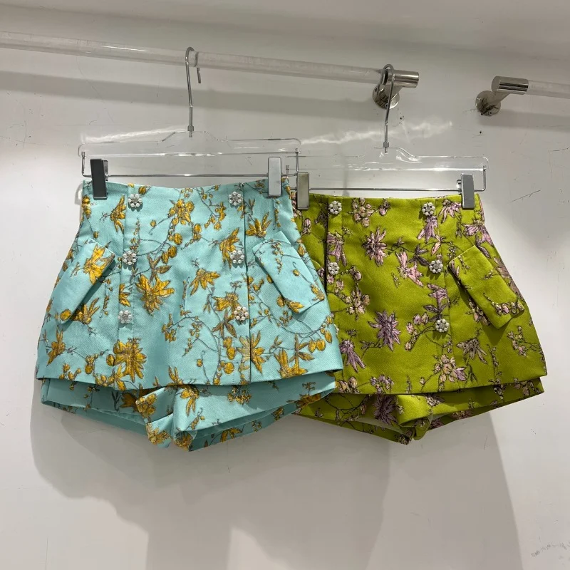 High Waist Embroidered Wide Leg Shorts for Women 2023 Summer New Beaded Double Breasted A- Line Shorts Culottes Female