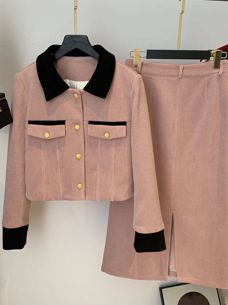 

KBAT 2023 Spring Small Fragrance 2 Pieces Vintage Jacket Female Long Sleeve Coat Women Elegant High Waist Skirt Two-piece Suits