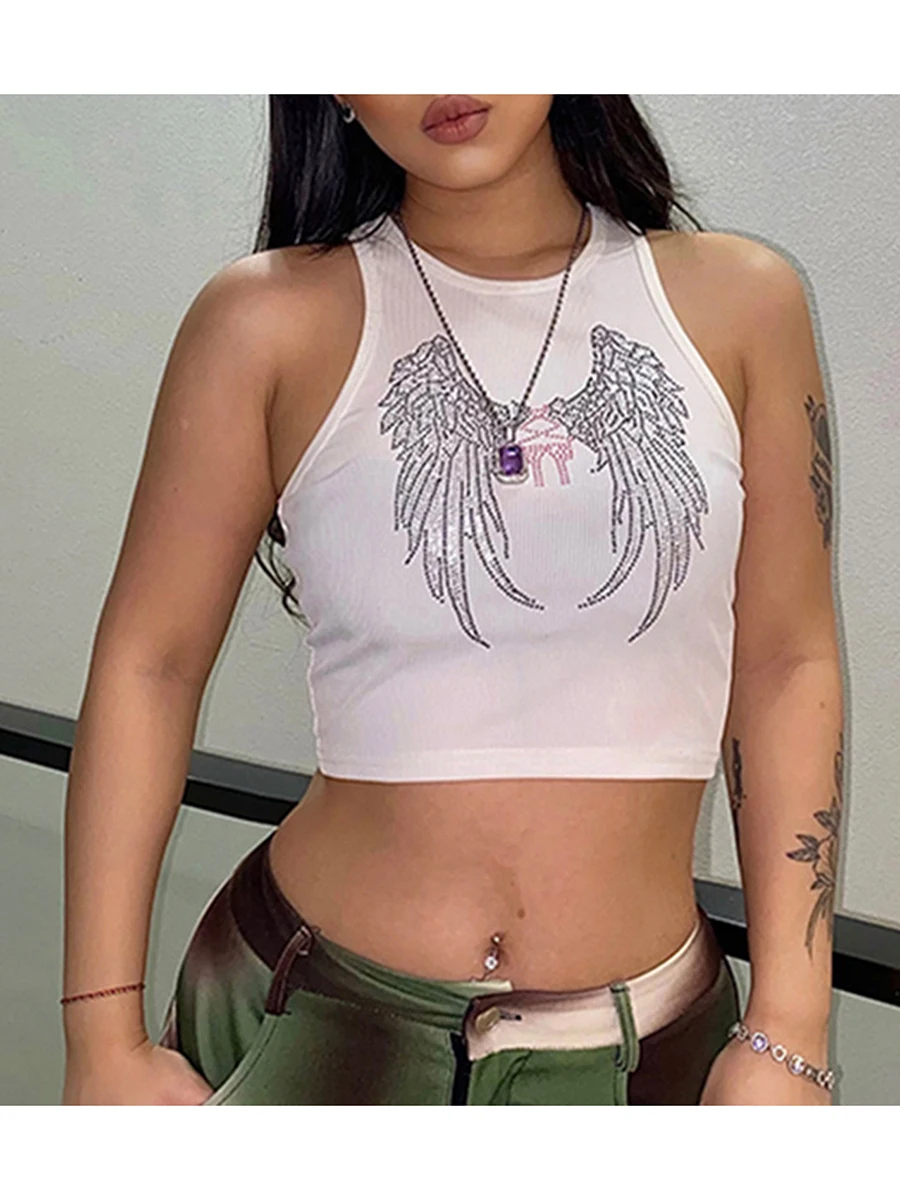 

Женские повседневные майки Стразы с узором крыльев с круглым вырезом без рукавов облегающие кроп-топы