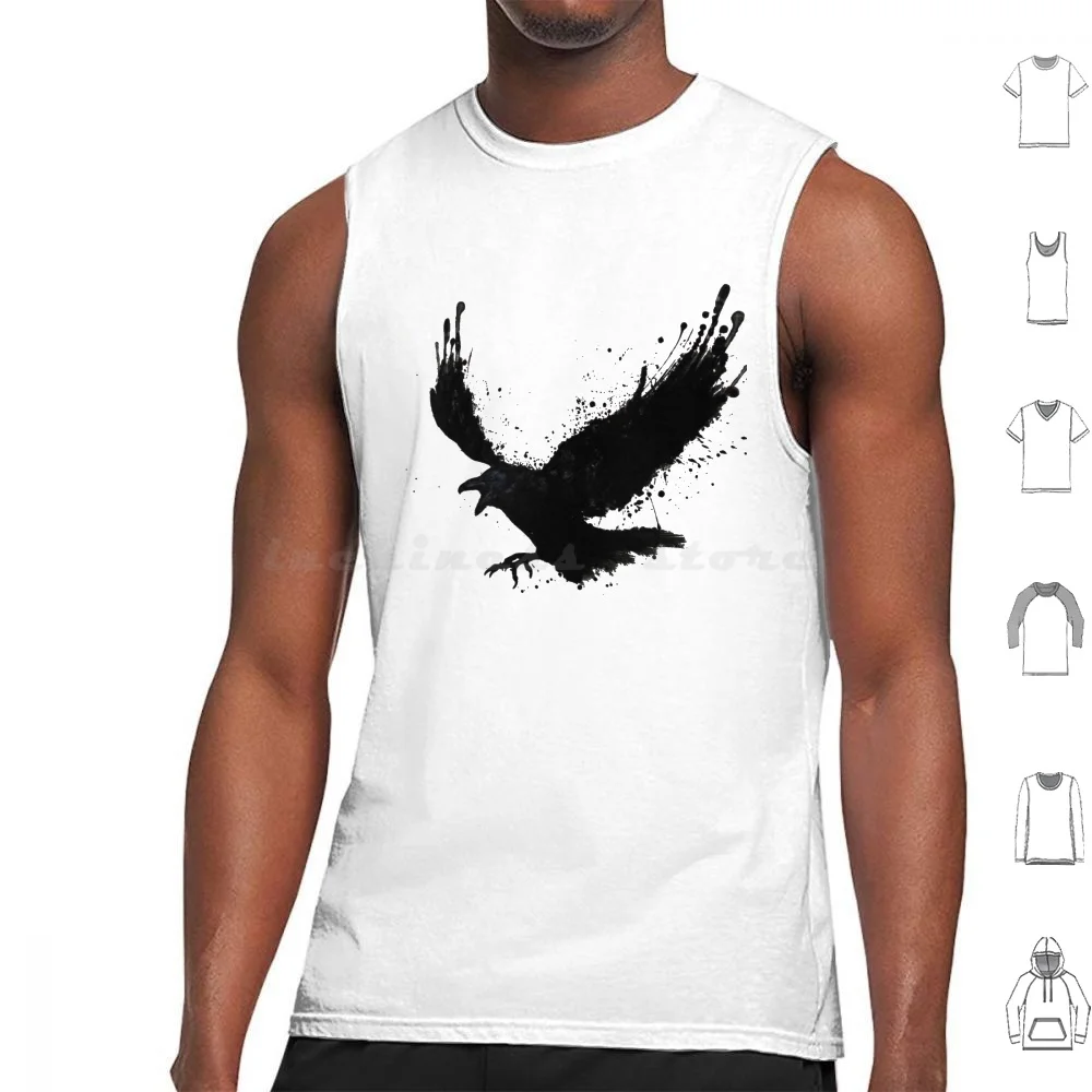

Raven Black Tank Tops Print Cotton Raven Bird Sketch Spatter Drips Animal Wildlife Crow Hugin Munin Odin Mythological