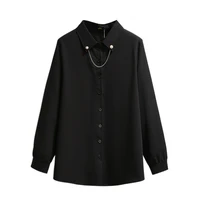 hodisytian women blouse soft shirt turn down collar solid color chain deco long sleeve female crop tops 2022 new 6xl