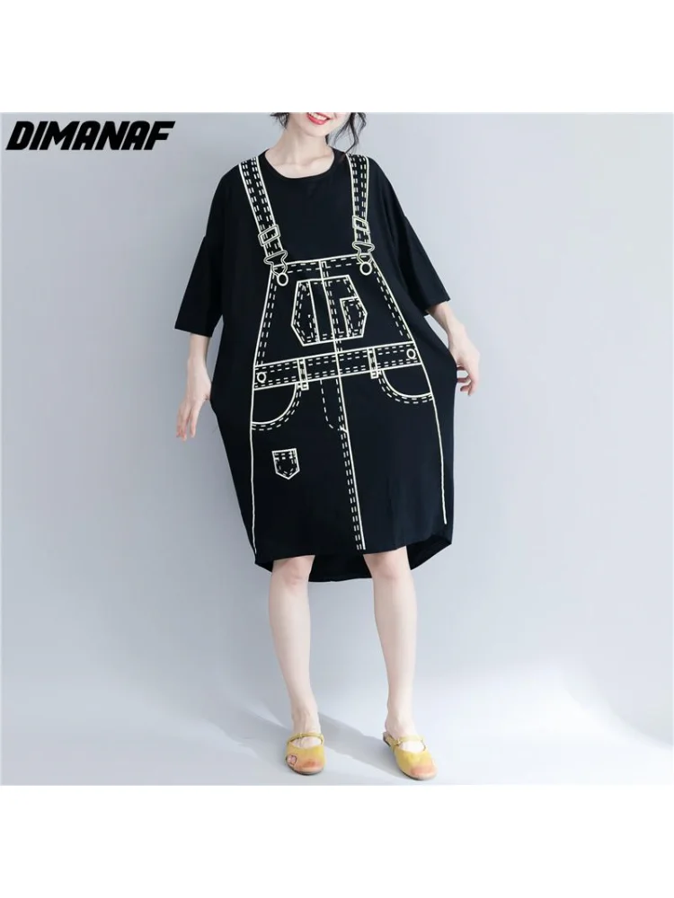 

DIMANAF Summer Plus Size Fashion Women Long Dress Cotton Black Floral Loose Casual Oversize Elegant Lady Clothing