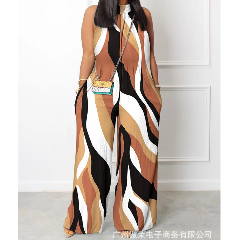 

Комбинезон женский с широкими штанинами, Свободный комбинезон без рукавов, с лямкой на шее, с абстрактным принтом, весна-лето