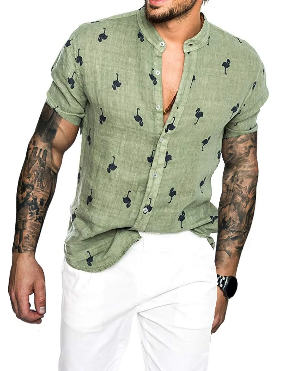 

Men's Casual Short Sleeve Shirt 3D Printed Linen Stand Collar Shirt