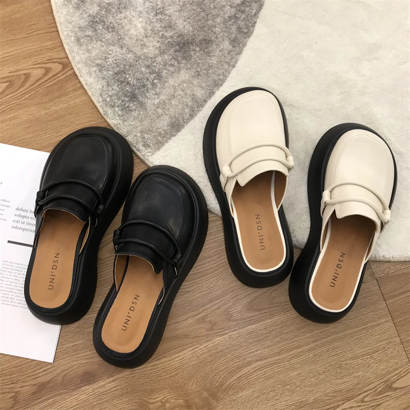 

Shoes Slippers Soft Shallow Slipers Women Slides Med Platform Cover Toe Comfort 2023 Rome Rubber Fabric Spring Hoof Heels PU